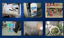 A collage of unsafe objects, including: knives, lighter fluid, insect spray, a collapsing ceiling
