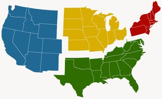 US Map showing 4 distinct regions: West, Mid-West, South, and Northeast