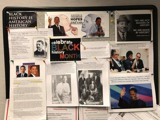 Anita's Black History Month bulletin board, featuring MLK Jr., President Obama, and other Black American historical figures.