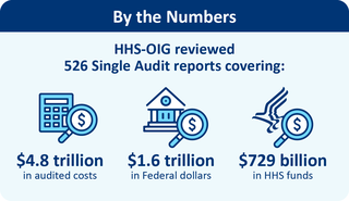 In 2023, HHS-OIG reviewed 545 Single Audit reports for which HHS was the Federal cognizant or oversight agency. $4.2T total audited costs were covered by these audit reports. 1.3T Federal dollars. $606B HHS program funds.