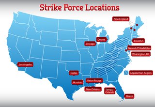 Map of the United States with markings for the 12 strike force locations: Los Angeles, Dallas, Houston, Baton Rouge New Orleans, Chicago, Detroit, Tampa and Orlando, Miami, the Appalachian Region, Newark and Philadelphia, New England, and Brooklyn