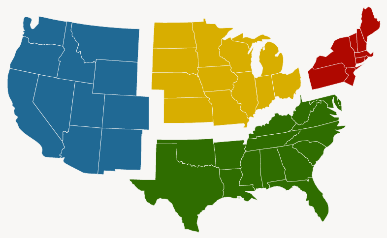 A map of the United States representing 4 regions: West, Midwest, South, Northeast