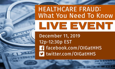 Advertisement for a live event on healthcare fraud on December 11, 2019